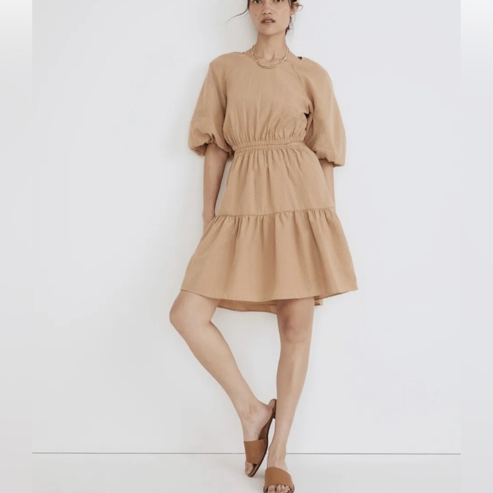 MADEWELL SEESUCKER PUFF SLEEVE CUTOUT MINI DRESS TAN XXL LENGTH 36”